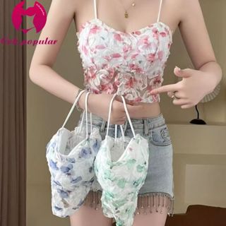 #060 เสื้อสายเดี่ยว จับจีบ ลายดอกไม้ สไตล์เรโทร สามมิติ เสื้…