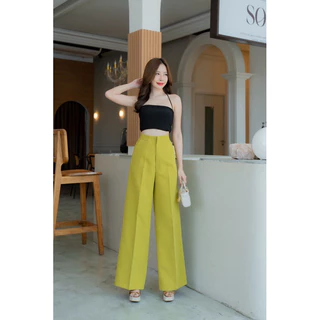 กางเกงขากระบอกเอวสูง ตอกตะขอหน้าเรียบ ผ้าเปเป้ ยาว40“ (S-3XL) ปลายขากว้าง12”