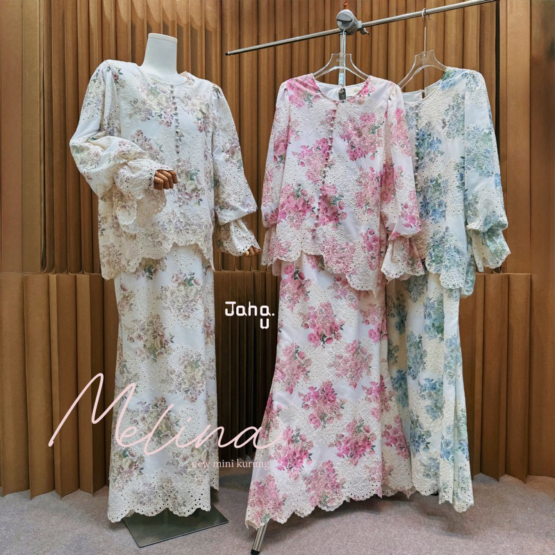 NEW• RAYA COLLECTION 2025 : MINI KURUNG MELINA มินิกูรง ขนาดฟนีไซส์ ผ้าลายดอกปักฉลุ