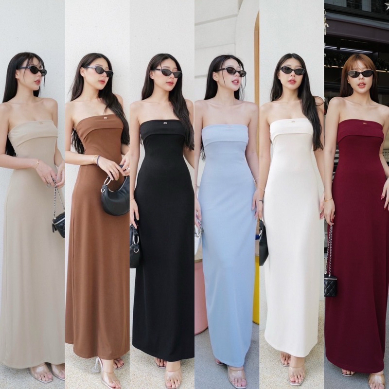 Snow dress เดรสเกาะผ้าร่อง ดีเทลช่วงอกติดโลโก้อะไหล่