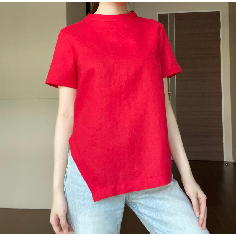 A3เสื้อลินินคอกลมแขนสั้นซิปหลังสีแดง