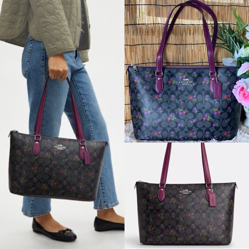 🎀(สด-ผ่อน) CN739 GALLERY TOTE IN SIGNATURE CANVAS WITH COUNTRY FLORAL PRINT  SILVER/GRAPHITE/DEEP BE