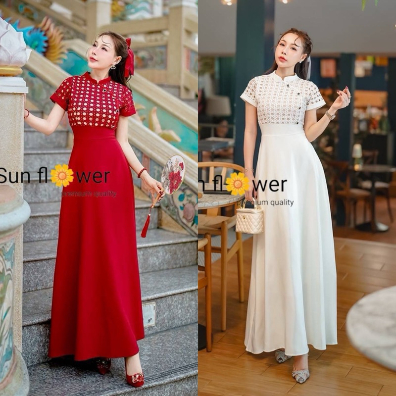 เดรสยาว คอจีน เดรสตรุษจีน สีขาว สีแดง งานป้าย sun flower