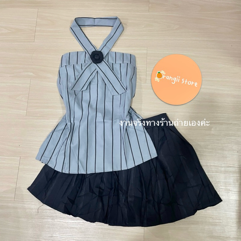 พร้อมส่ง(จากไทย) #P0706 เซต 3 ชิ้นมีโบว์  เสื้อเกาะอก+ไทค์ดอกไม้+กระโปรง