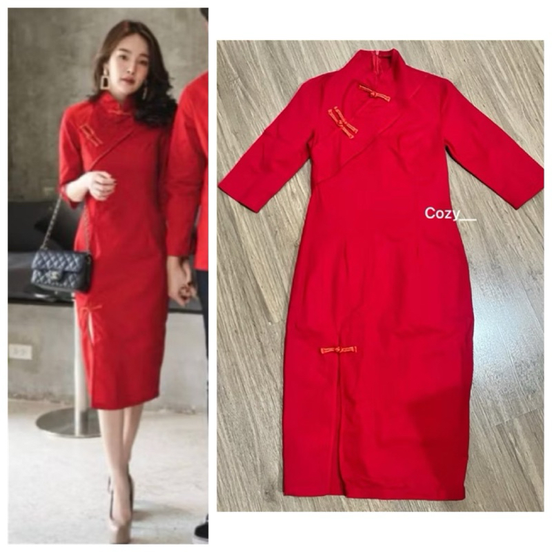 VSM ( V-shop) : S เดรสยาว กี่เพ้า ชุดตรุษจีน คอจีน สีแดง