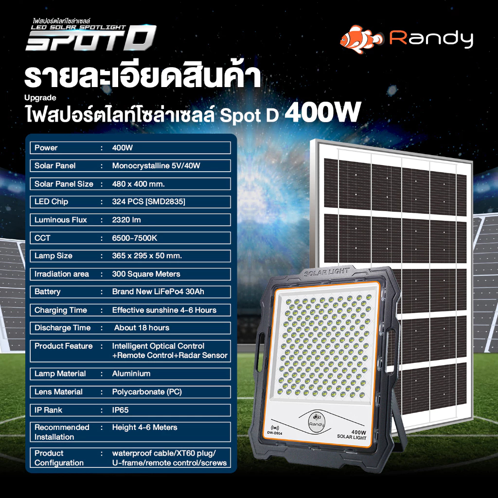 🔥สปอร์ตไลท์รุ่นดีที่สุด ฝนตกชาร์จได้ Randy Solar Light รุ่น Sport D กันน้ำ
