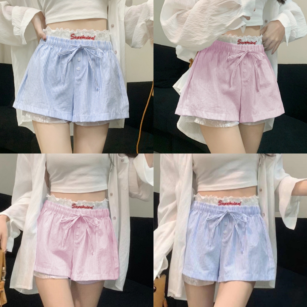 กางเกงขาสั้นลายริ้ว กางเกงลำลอง เเต่งกระดุม ใส่เชือกที่เอว ใส่ซ้อนสวยมาก#1152