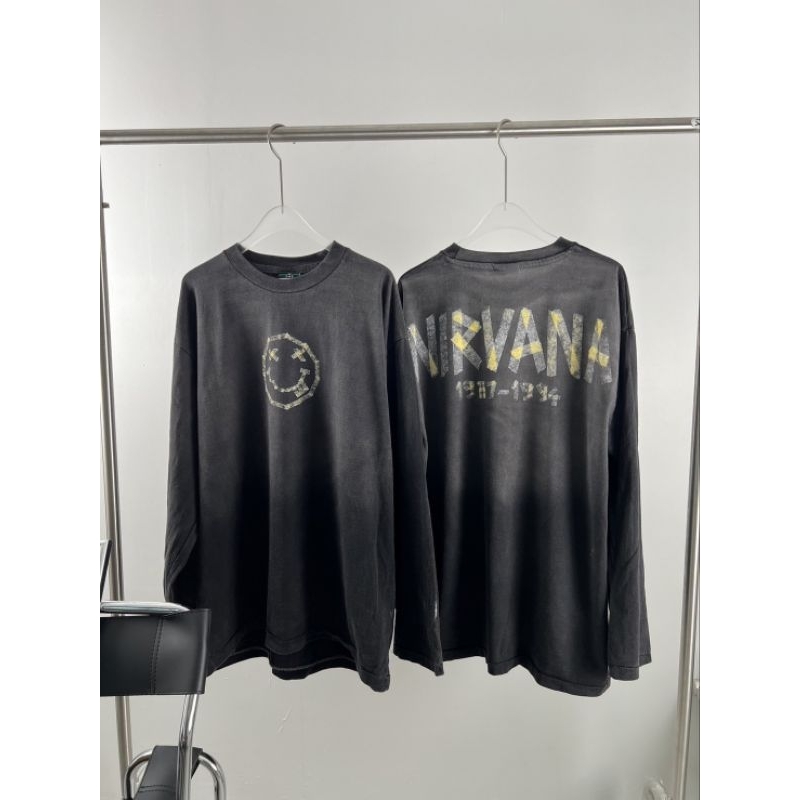 [เสื้อยืดฟอกแขนยาววินเทจ]อก46-48ยาว30(ลายยิ้มเล็กNirvana)