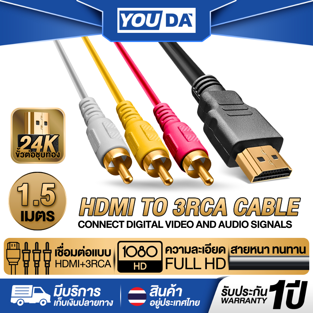 YOUDA สายแปลง HDMI TO 3RCA รับประกัน 1ปี ขั้วต่อชุบทอง สายยาว 1.5เมตร YD-HA415 สายแปลงสัญญาณ HDMI ออ