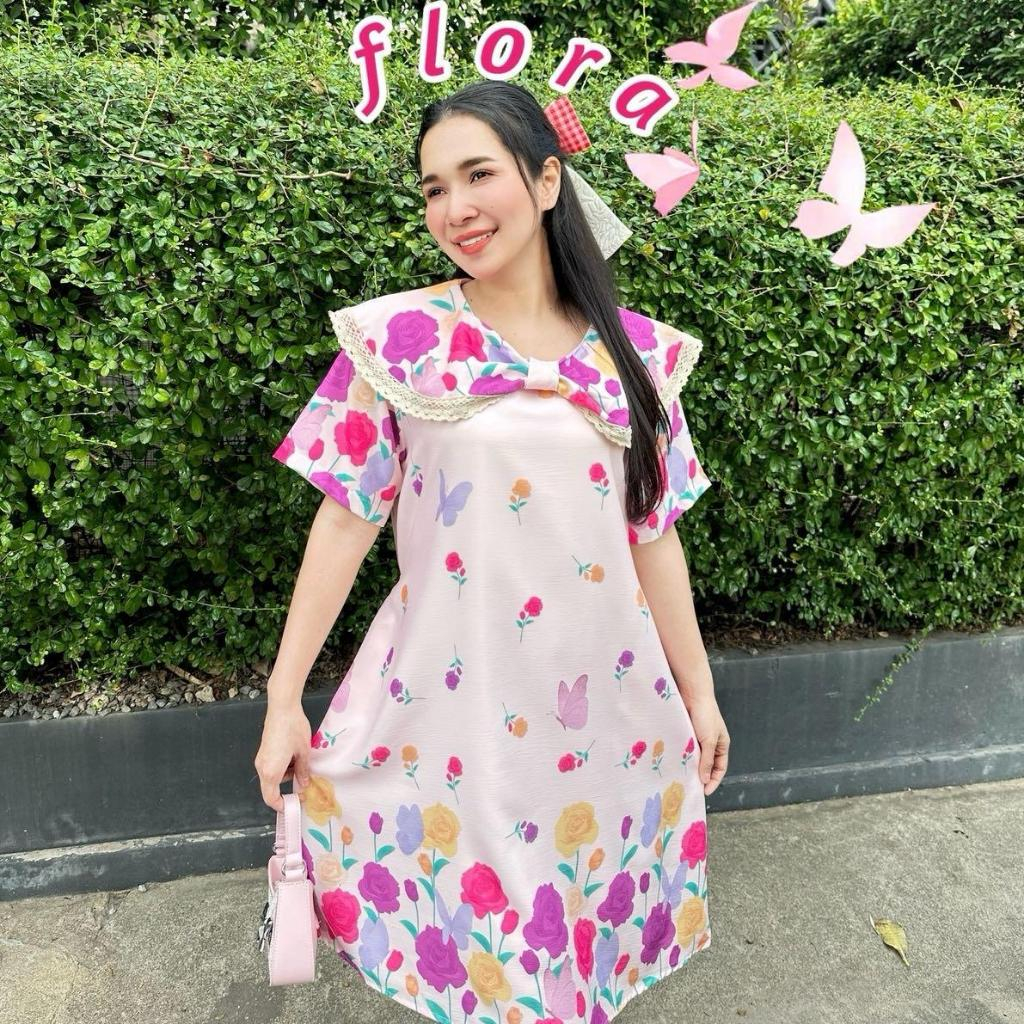 เดรส”รุ่นflora”(อก42”ยาว37”)ผ้าครัชนิ่ม ลายดอกปกโบว์