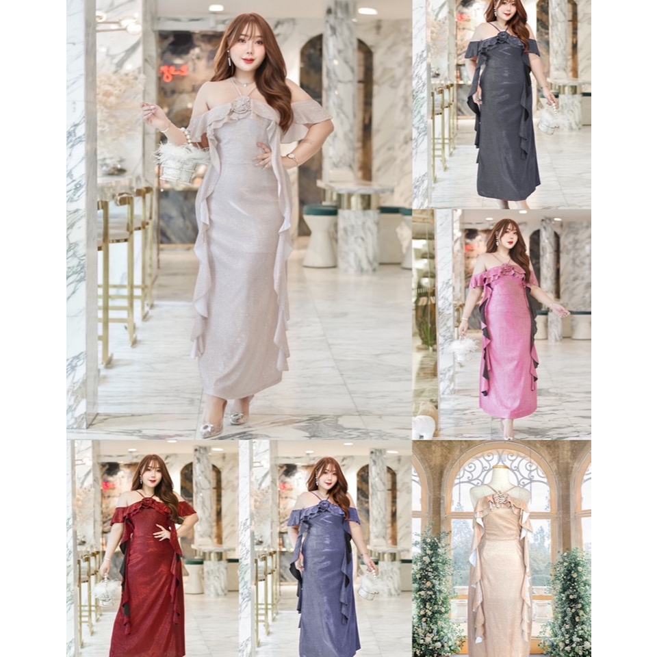 เดรสราตรียาว สำหรับสาวอวบ ชุดเดรส ชุดเพื่อนเจ้าสาว กลิตเตอร์ กากเพชรสวย ชุดออกงานคนอ้วน เดรสออกงานสาวอวบ พลัสไซส์ BF