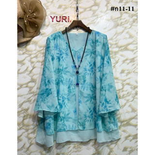 เสื้อชีฟองคอวี(อก 50 -56)งานไทย ลายใบไม้เล็ก แขนกรวย สไตล์เส…