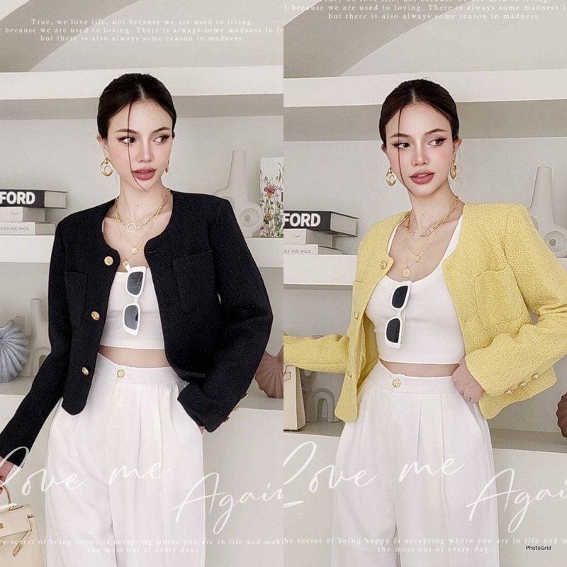 MOON​ sugar tweed เบลเซอร์ผ้าทวีตชาแนลเกรดพรีเมียม​ สวยหรูมากๆ ​เย็บซับในทั้งตัว กระดุมเกาหลีนำเข้า แพทเทิร์นครอปพอดีตัว