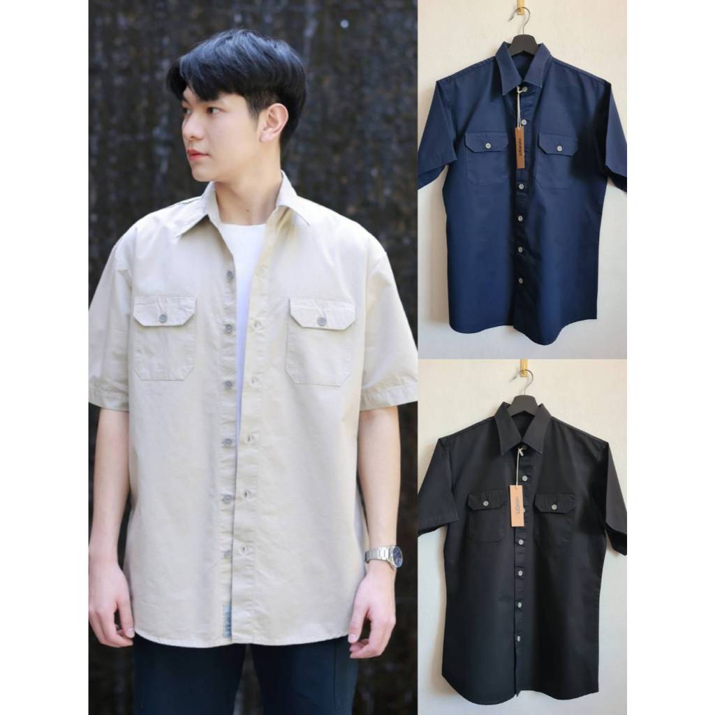 Work Wear Style Shirt เสื้อเชิ้ตแขนสั้น สไตล์วินเทจ ผ้าคอตตอลคอมป์ ไม่หนา ไม่ร้อน (มีถึงไซส์ XXL)
