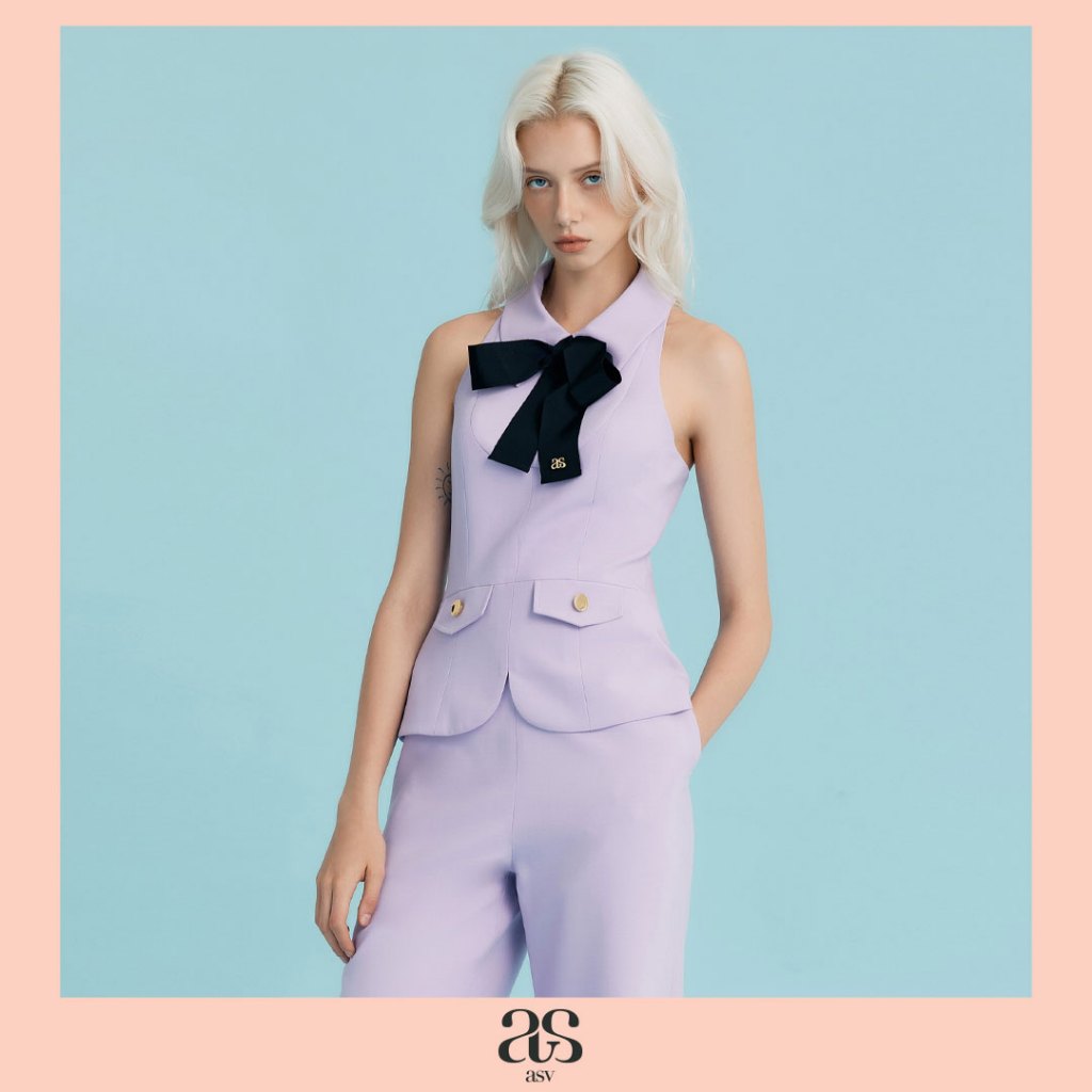 [asv rs25] Rhoda Halterneck Top เสื้อผู้หญิง คล้องคอ แขนกุด แต่งคอปกพร้อมโบว์ผูกคอ แต่งกระเป๋าหน้าแล