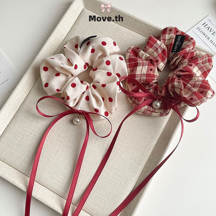 ในไทย-พร้อมส่ง ยางรัดผม ลายตารางหมากรุก ริบบิ้นโบว์ สีแดง สไตล์เกาหลี นักเรียนสำหรับผู้หญิง เครื่องประดับผมแฟชั่น-Move