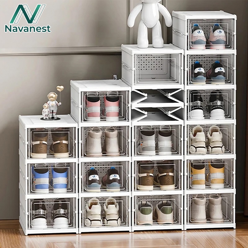 Navanest กล่องจัดเก็บรองเท้า ไม่ต้องติดตั้ง พับได้ กล่องใสหนา กันฝุ่นกันความชื้น ชั้นวางรองเท้าป้องก