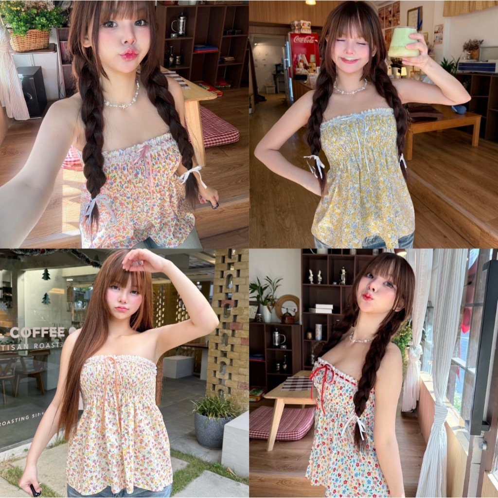 เสื้อเกาะอกตัวยาว เสื้อครอปเกาะอกตัวยาวลายดอกไม้ แต่งโบว์ เกาหลี น่ารักๆมินิมอล ป้าย NUSA. (N005)