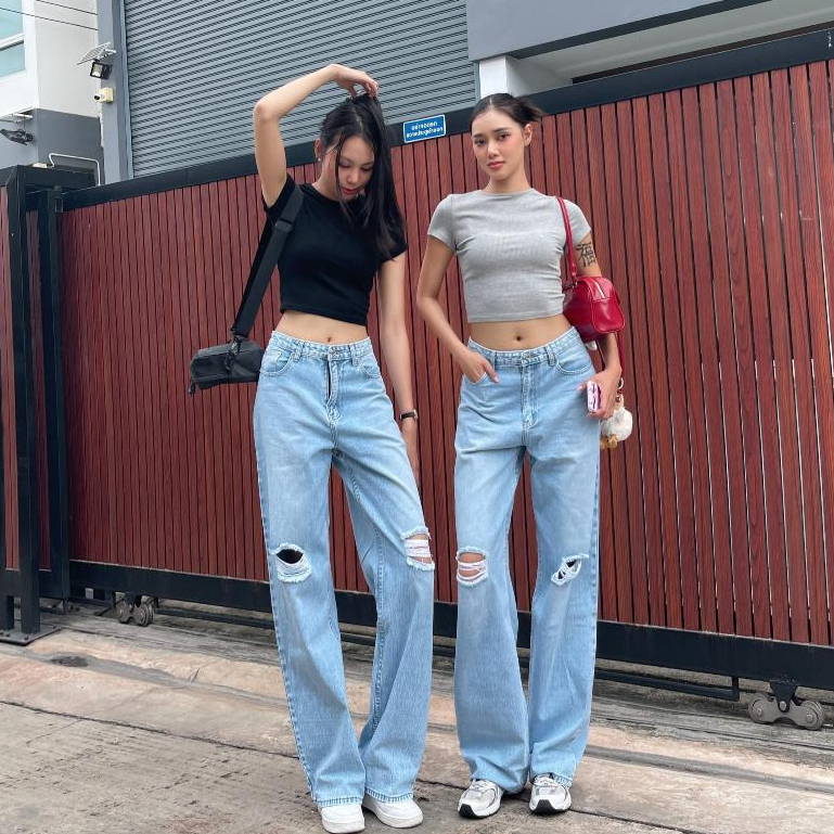 ยีนส์ Nammon Jeans T33 กางเกงยีนส์กระบอกใหญ่แต่งขาดเข่าสีอ่อน - ผ้าไม่ยืด
