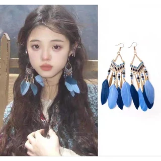 พร้อมส่งในไทย ต่างหู โบฮีเมียนขนนก เครื่องประดับ แต่งลูกปัดขนนก สไตล์ชนเผ่า สาวคาวบอย สวยงาม ส่งจากไทย