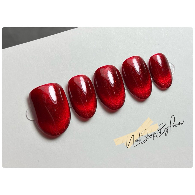 เล็บปลอมมือสีเจลแท้ สีแดงลูกแก้ว  📌ฟรีกาว+ตะไบทุกชุด📌 handmade