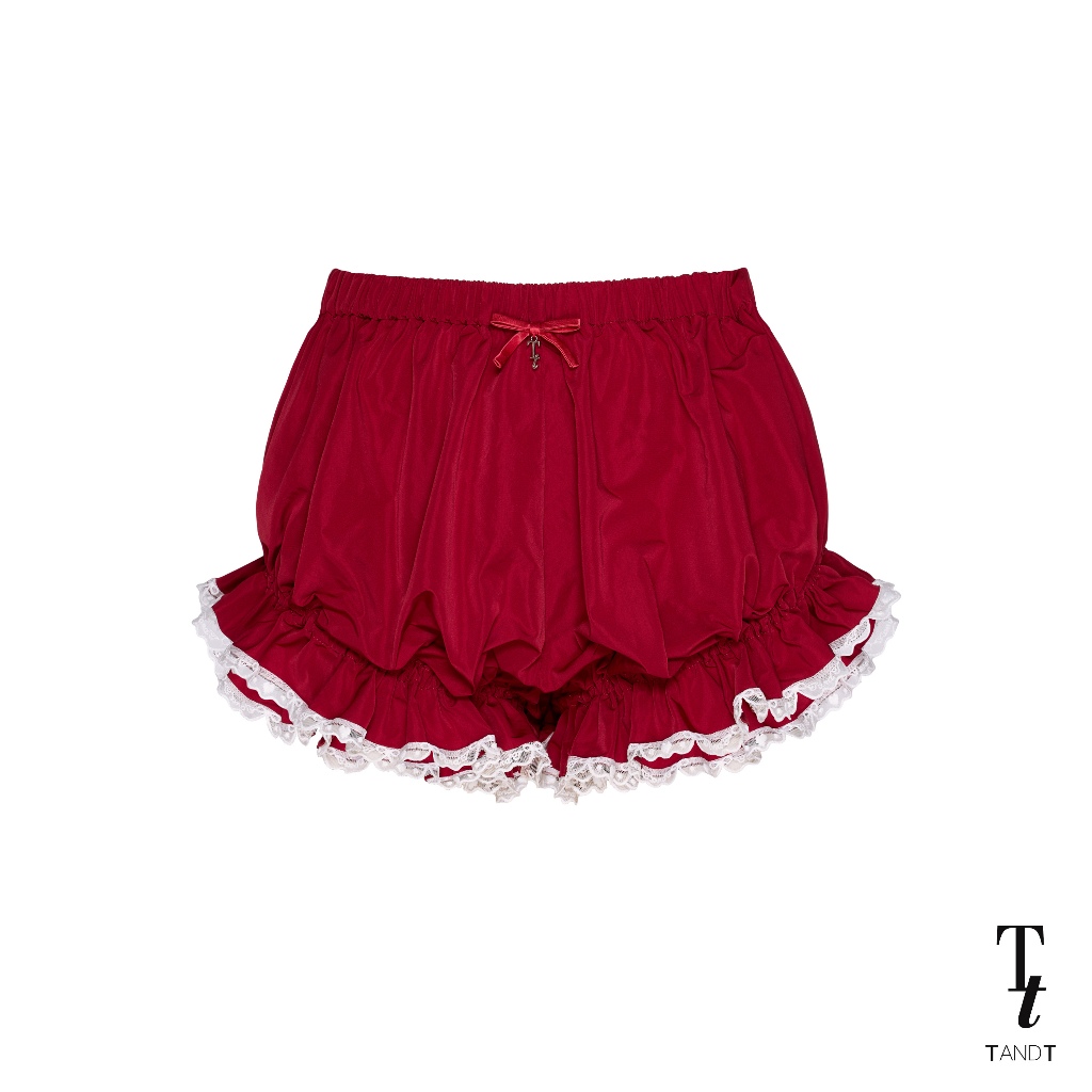 TandT - STORMI PANTS - ELASTIC WAIST LACE TRIMMED HEM SHORTS กางเกงขาสั้นจัมพ์ปลายขา ขอบเอวยางยืด ตกแต่งโบว์และลูกไม้ปลา