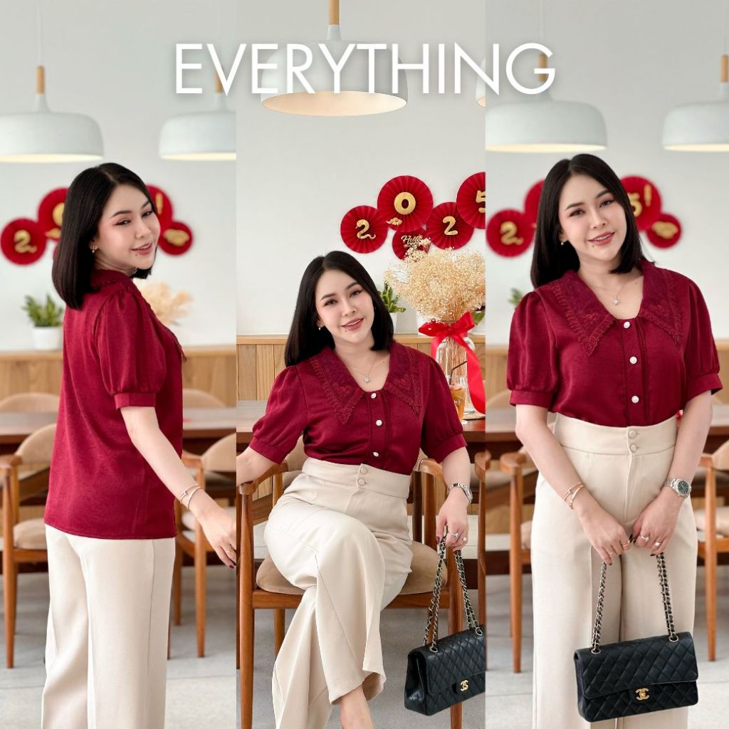 Everything2019 เสื้อทำงานผู้หญิงคอปกแหลมลูกไม้ แขนสั้น กระดุมหน้า ลายสวย ไม่ซ้ำใคร พร้อมส่ง (6375)