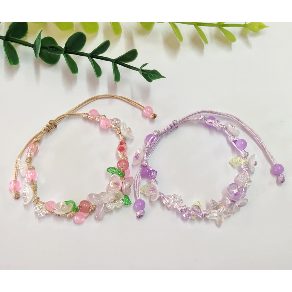 กำไลเชือกเทียนเกาหลี ปรับระดับได้ สร้อยข้อมือเชือกถักลูกปัดดอกไม้