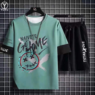 YOYO ชุดแฟชั่นชายเสื้อยืดแขนสั้น + กางเกงขาสั้น ผ้าแห้งเร็วหลวมชุดกีฬาและชุดพักผ่อน รุ่น2803