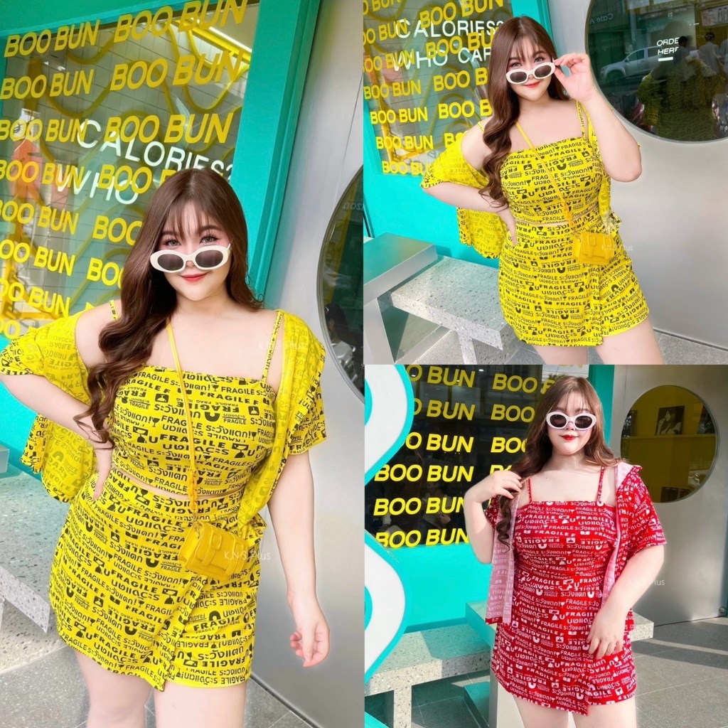 NT947 ชุดเซ็ท3ชิ้นลายเทประวังแตก สาวอวบ