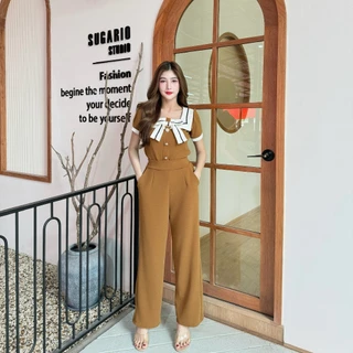 สินค้าพร้อมส่ง ชุดเซตยาวทรูโทน ผ้าวูลเวฟ เสื้อคอปกแต่งกุ้นโบว์หน้าแต่งกระดุมเมอแรง+กางเกงเอวเรียบสม็อคหลังมีกระเป๋า A579