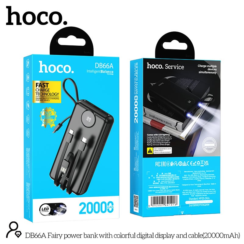 Hoco  แบตสำรอง 20,000mAh  พร้อมสายในตัว powerbank ชาร์จเร็ว มีมอก. DB66A G93