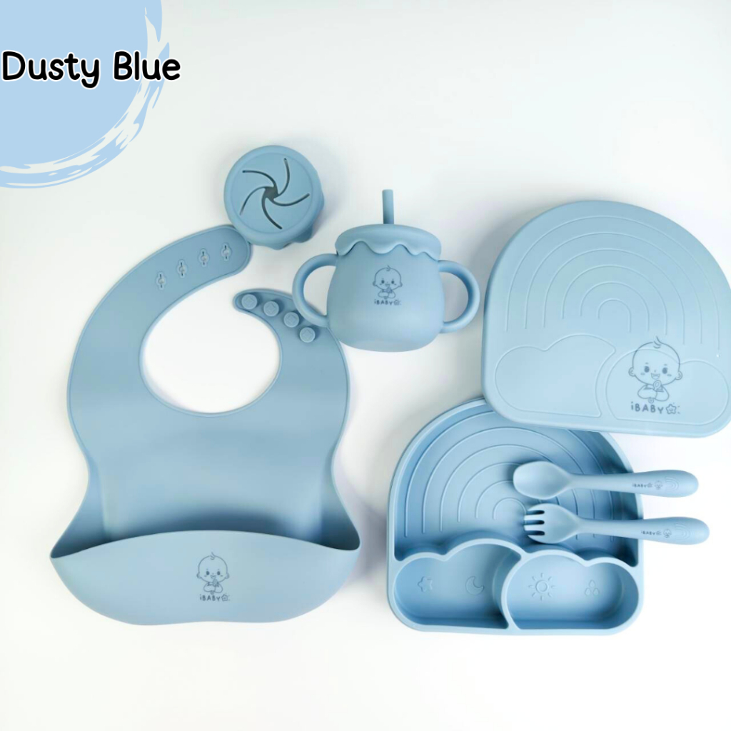 iBaby:เซตทานอาหารเด็ก 4 รายการ  (ผ้ากันเปื้อน+จานอาหาร3ช่อง+เเก้วน้ำ+ช้อนส้อม)