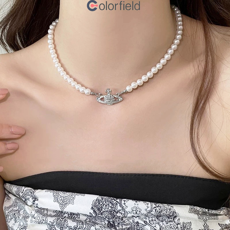 Colorfield สร้อยคอ จี้ไข่มุก ดาวเสาร์แม่ ประดับเพชร สําหรับผู้หญิง เครื่องประดับผู้หญิง สไตล์เรียบหรูเกาหลี