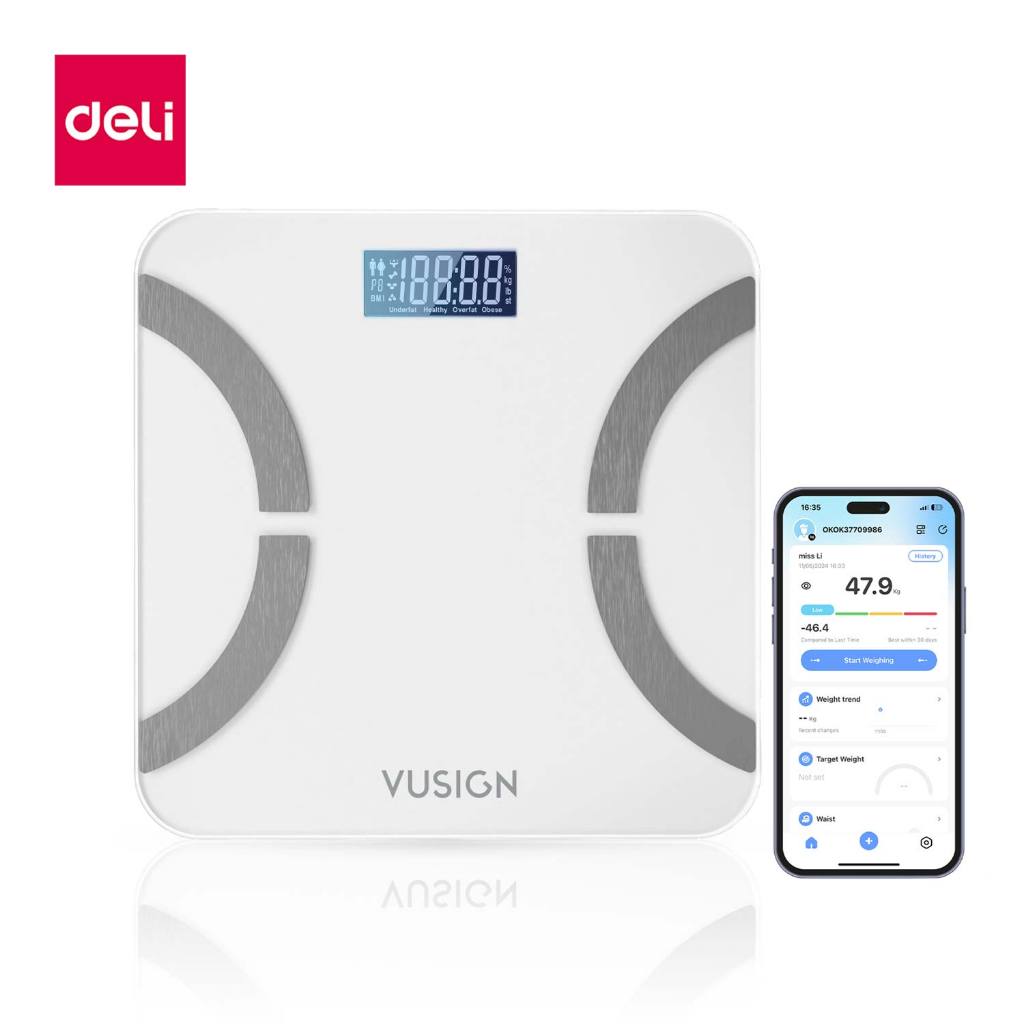 Deli เครื่องชั่งน้ำหนักดิจิตอล หน้าจอLCD เชื่อมต่อแอปได้ แสดงค่าดัชนี รองรับถึง180kg Weighing Scale