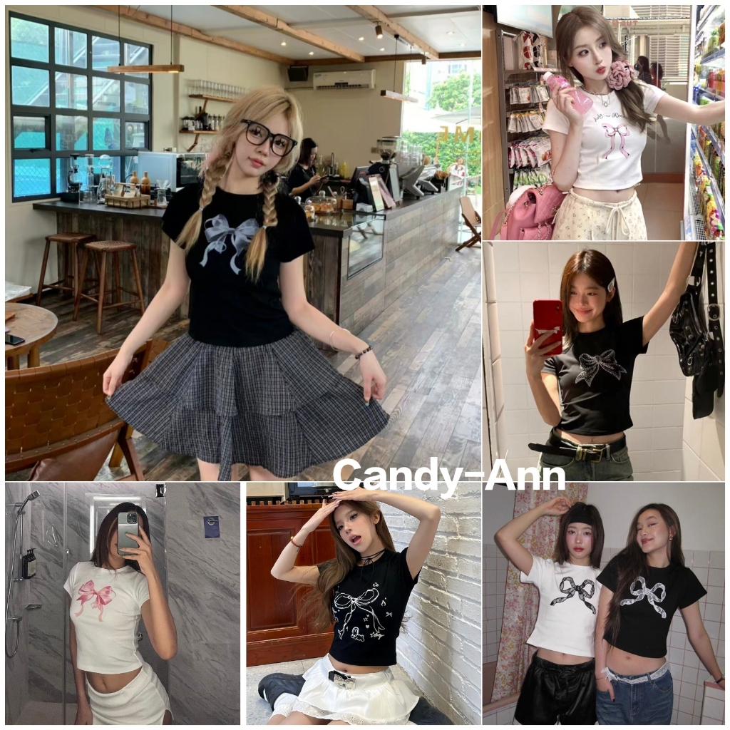 【จัดส่ง 24 ชม.】เสื้อยืดคอกลมพิมพ์ลายโบว์สไตล์เกาหลี ใหม่ คอตตอน 100% คอกลม สไตล์สาวฮอตสุดเทรนด์