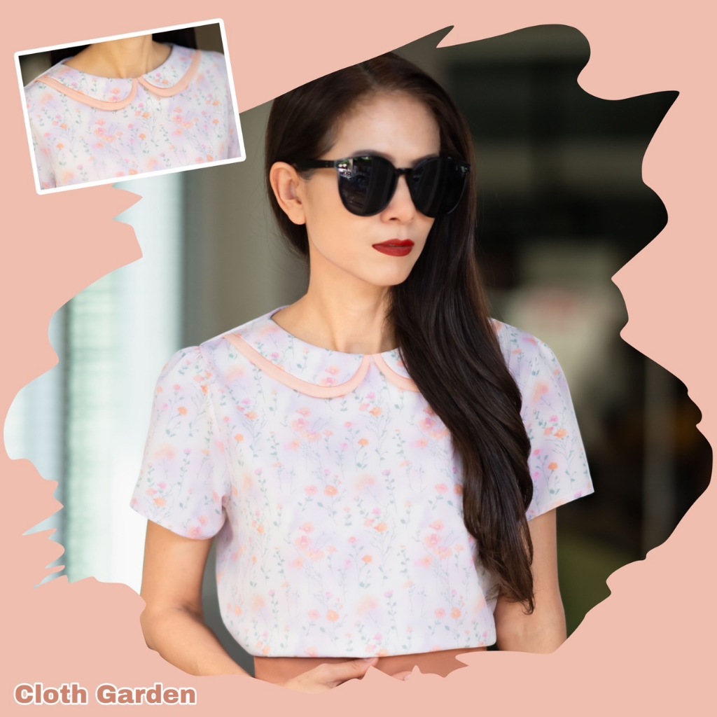 Cloth Garden 01013343 เสื้อทำงานผู้หญิง เสื้อแฟชั่นผู้หญิง แขนสั้นเสื้อปกคอบัวสองชั้นลายดอกไม้โทนส้ม