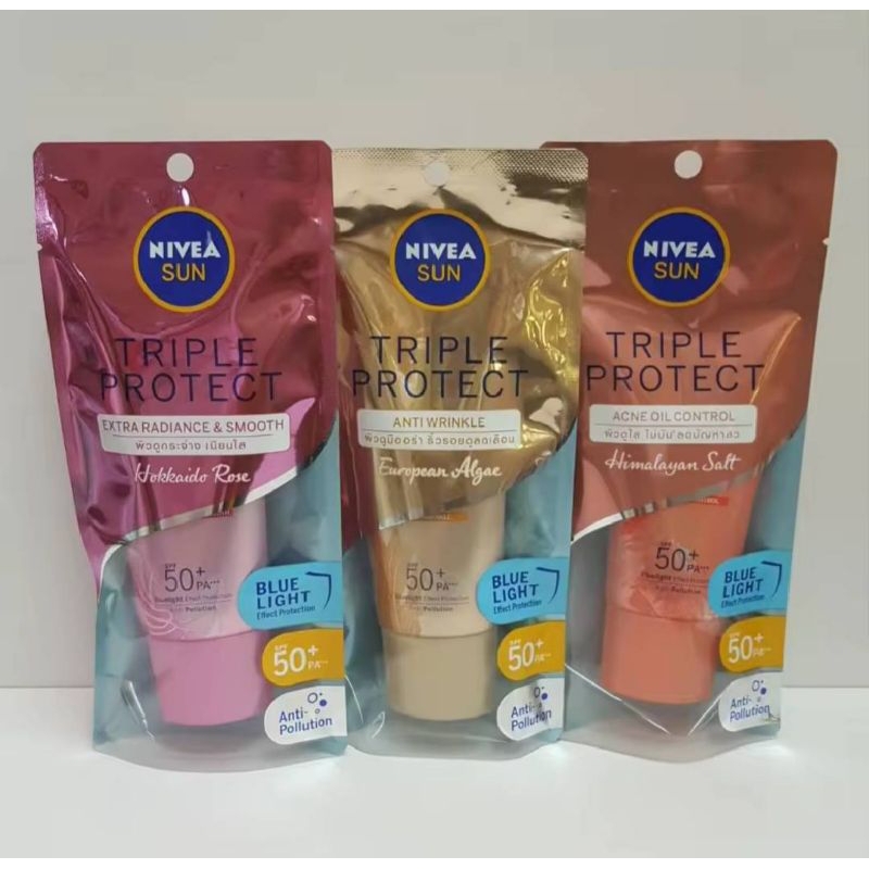 NIVEA นีเวีย ซัน ทริปเปิ้ล โพรเท็ค แอคเน่ ออยล์ คอนโทรล & เอ็กตร้า เรเดียนซ์ แอนด์ สมูท SPF50+PA+++ ขนาด 40 มล.
