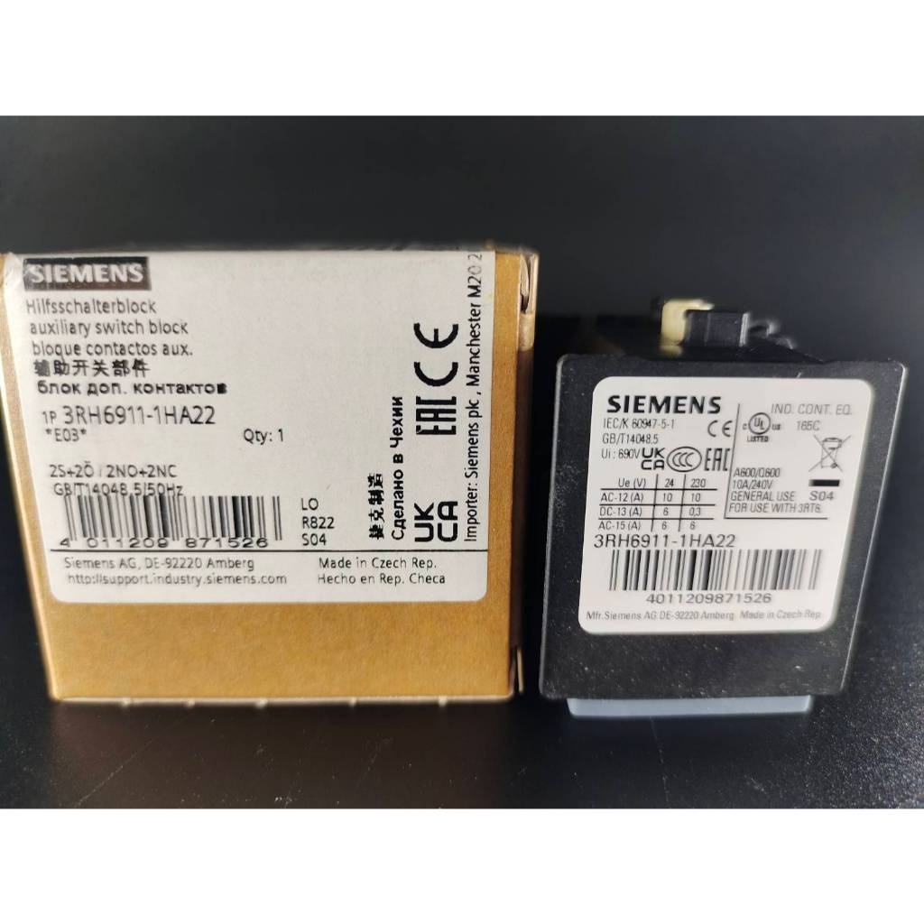 Siemens AUX. switch block Model: 3RH6911-1HA22  2 NO + 2 NC cond. paths:1NC, 1 NC, 1 NO, 1 NO,