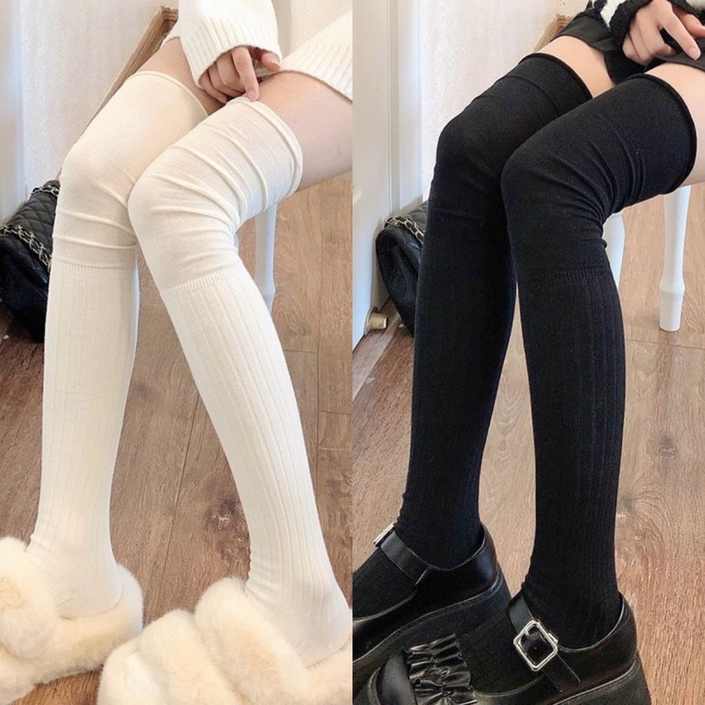 ⭐ส่งใน24ชม🧦ถุงเท้ายาวถึงเข่า JK สไตล์ญี่ปุ่น ถุงเท้าผู้หญิงถัก สีทึบ ลายทางแนวตั้ง บางระบายอากาศ