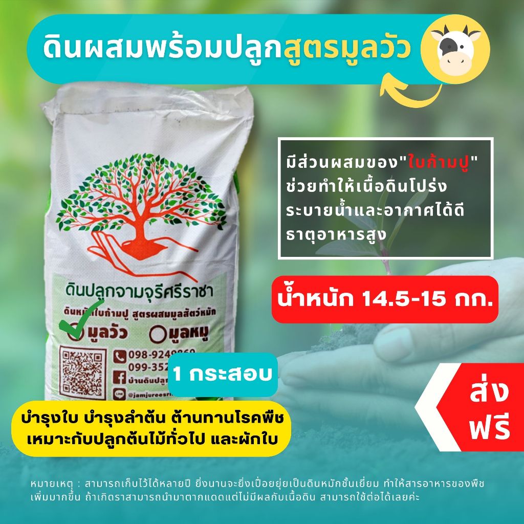 (ส่งฟรี)ดินผสมใบก้ามปูสูตรขี้วัวบด 1 กระสอบ(14.5-15 kg.) ดินพร้อมปลูก จัดส่ง 5-7 วัน