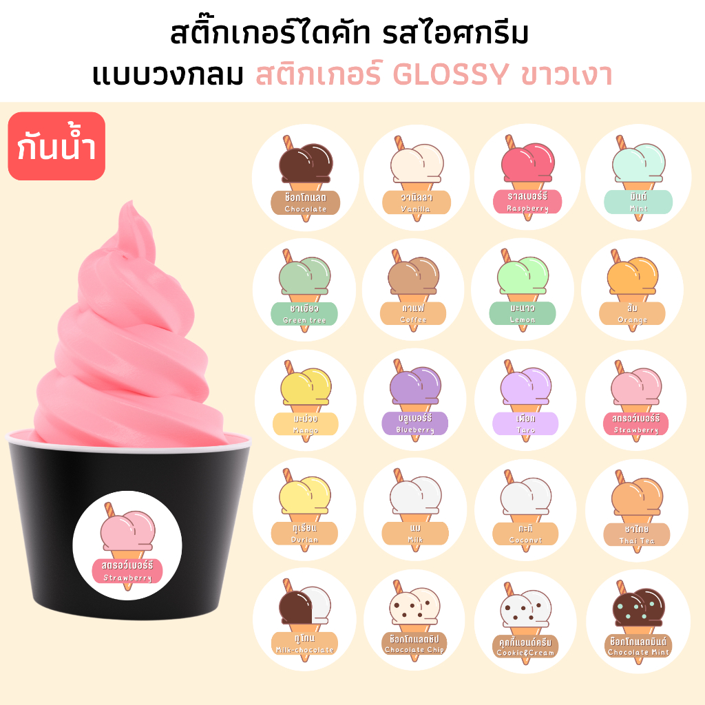 สติ๊กเกอร์รสไอศกรีม กระดาษ Glossy ขาวเงา กันน้ำ สติกเกอร์รสชาติไอติม ไอครีม ฉลากรสไอศกรีม ติดแก้ว
