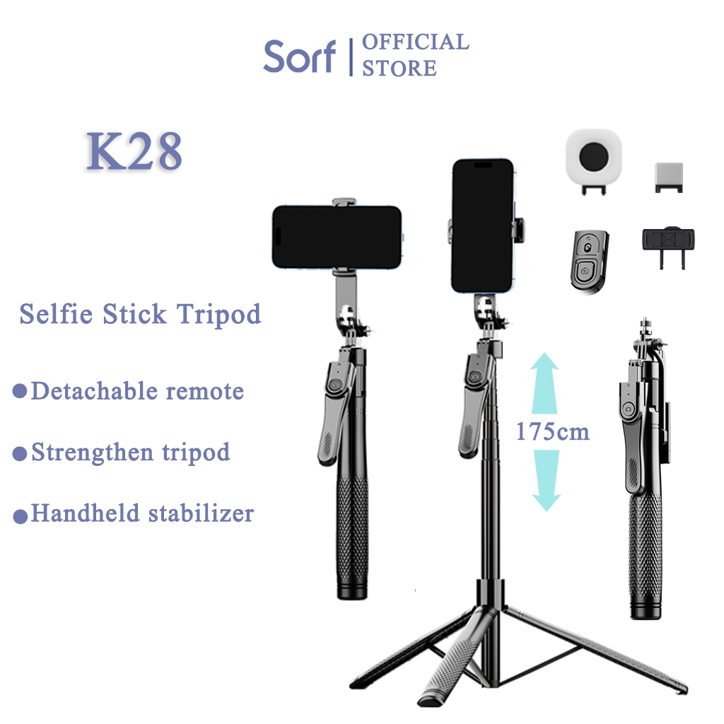 Sorf ใหม่ K28 Selfie Stick Tripod ขาตั้งกล้อง ไม้เซลฟี่ ไร้สาย 1.75m พับได้ มาพร้อมรีโมทบลูทูธ