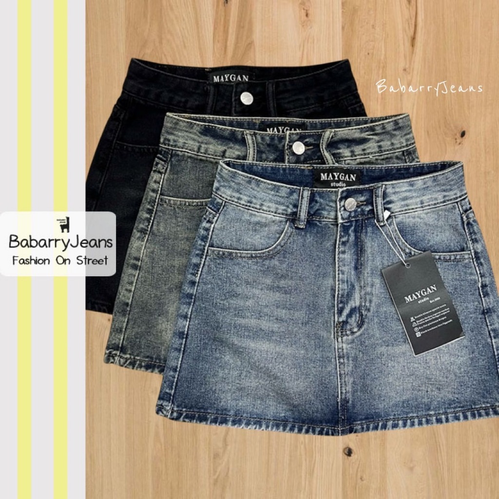 Babarry Style - Mini Skirt กระโปรงยีนส์สั้น รุ่นเรียบ เบสิค เอวสูง เท่มีสไตล์