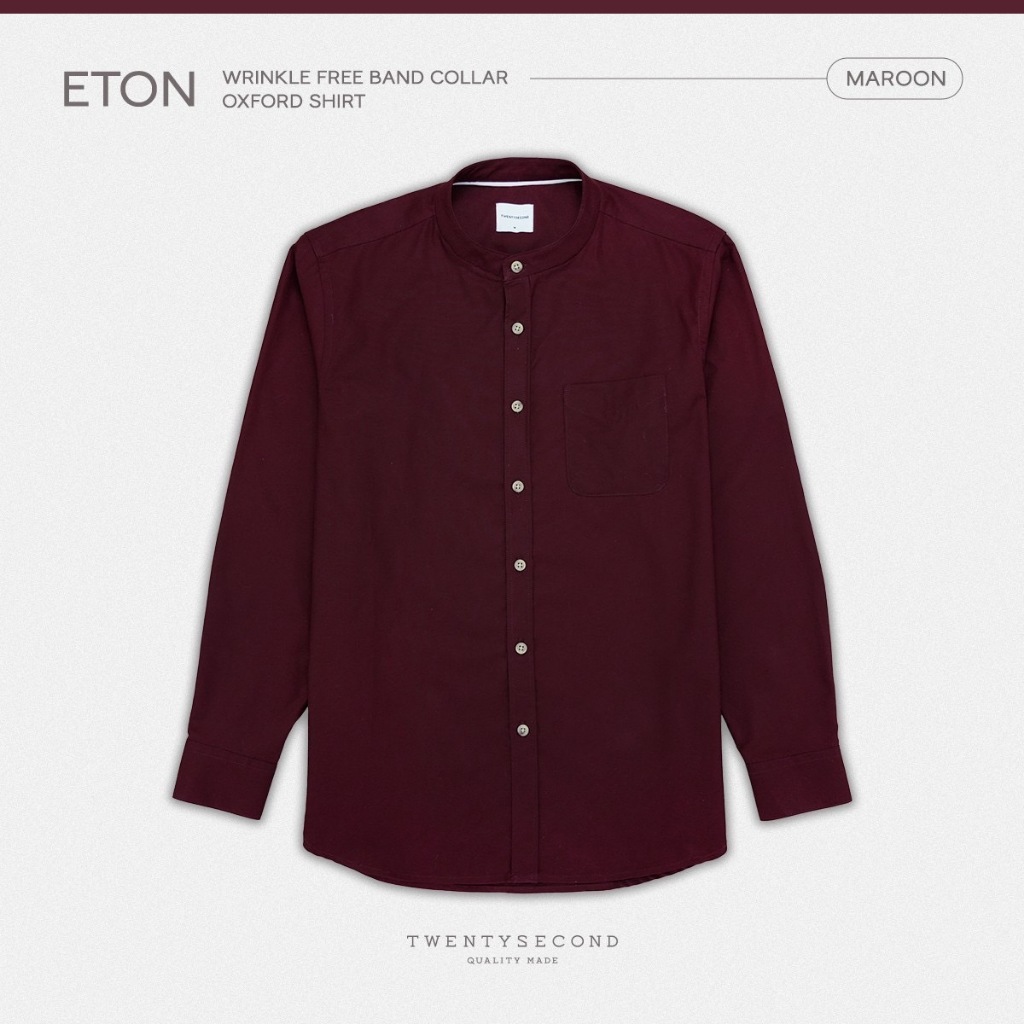 TWENTYSECOND เสื้อเชิ้ตแขนยาว ปกคอจีน รุ่น Eton Wrinkle Free Band Collar Oxford Shirt - แดง / Maroon
