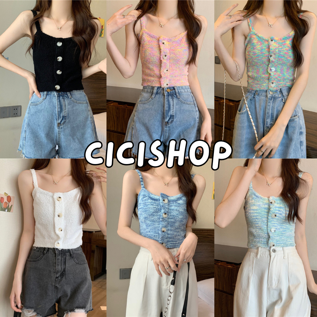 Cicishop(54152)เสื้อสายเดี่ยวไหมพรม ขนนุ่ม กระดุมแต่ง คุมโทนสาวหวาน