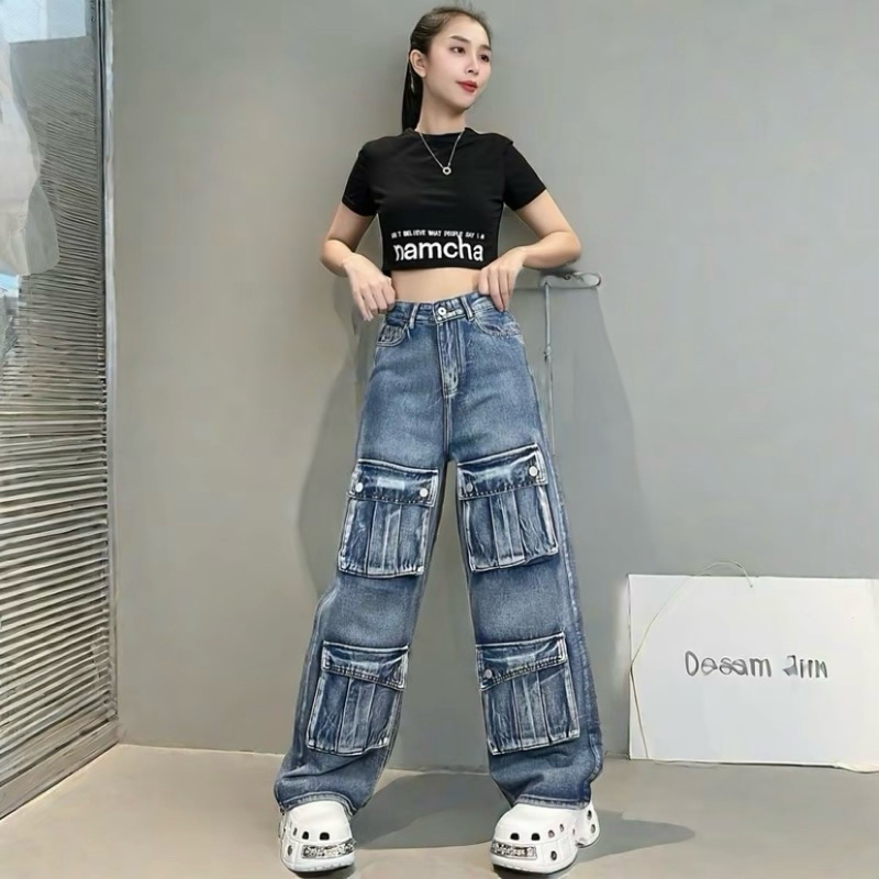 NAMCHA กางเกงยีนส์ คาร์โก้ 4 กระเป๋าหน้า ทรงกระบอกใหญ่