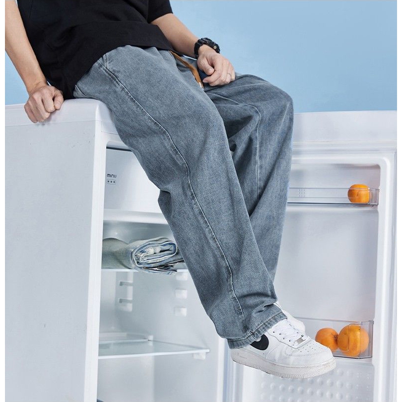 Fancy Fashion กางเกงยีนส์ยาวชาย ทรงกระบอกเอวสูง ใส่สบาย เอวยางยืด ปรับเอวด้วยเชือก เท่ๆเข้ากับทุกแนว - รูปที่ 3