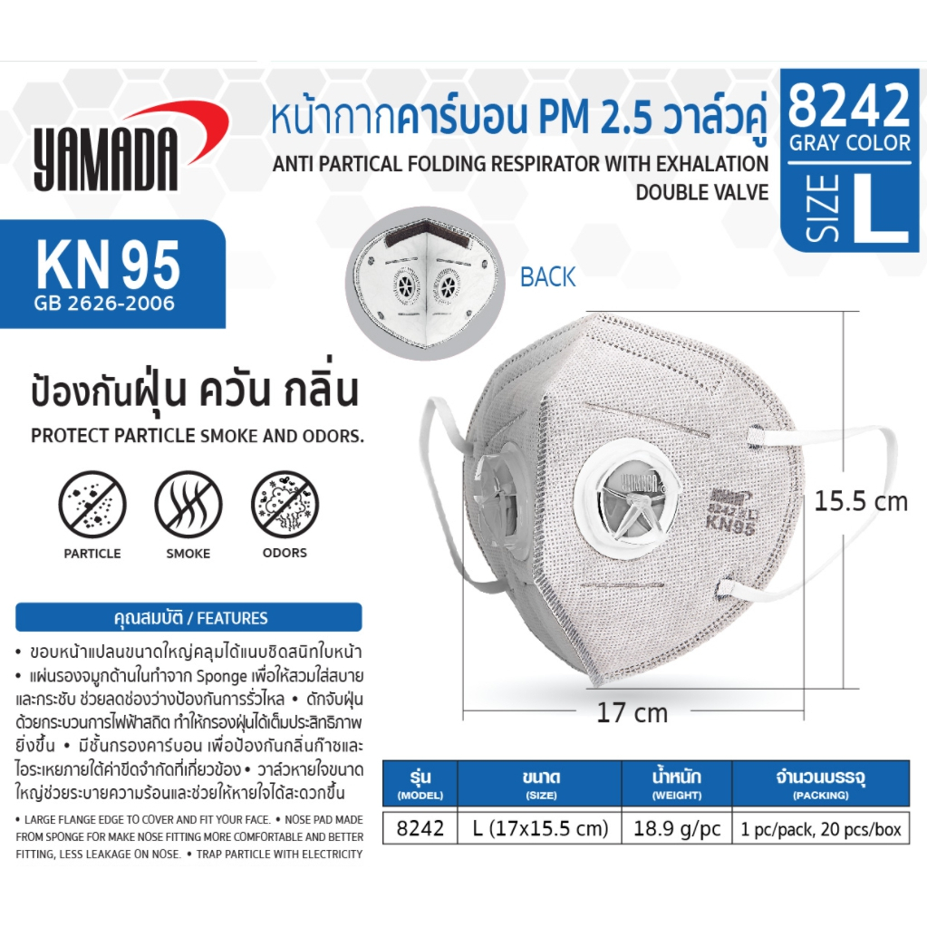 หน้ากากอนามัย YAMADA หน้ากากคาร์บอน วาล์วคู่ ยามาดะ PM2.5 รุ่น 8242 (1 ชิ้น) SB+ ราคา ถูกที่สุด ดีลบีเคเค แกลเลอรีภาพที่ 2