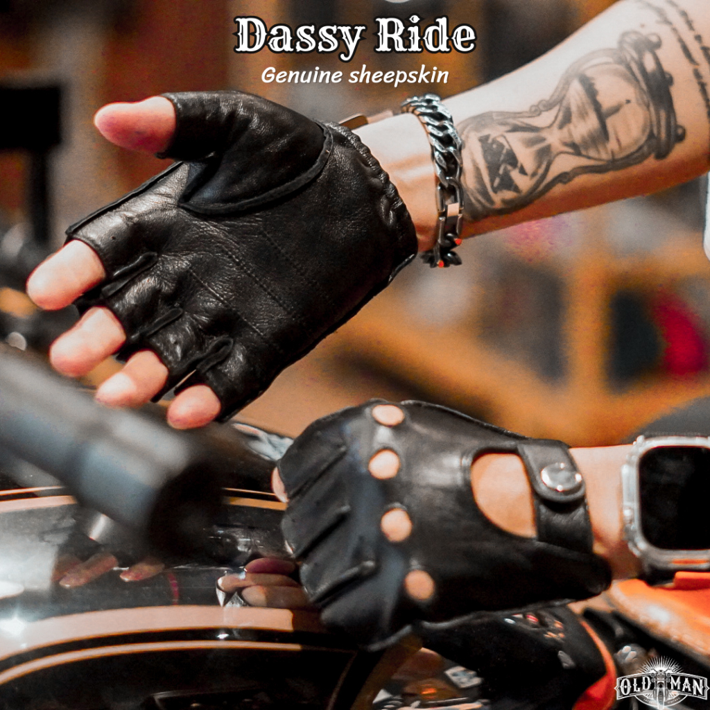 ถุงมือหนังแท้ Dassy Ride Gloves ครึ่งนิ้ว สีดำ